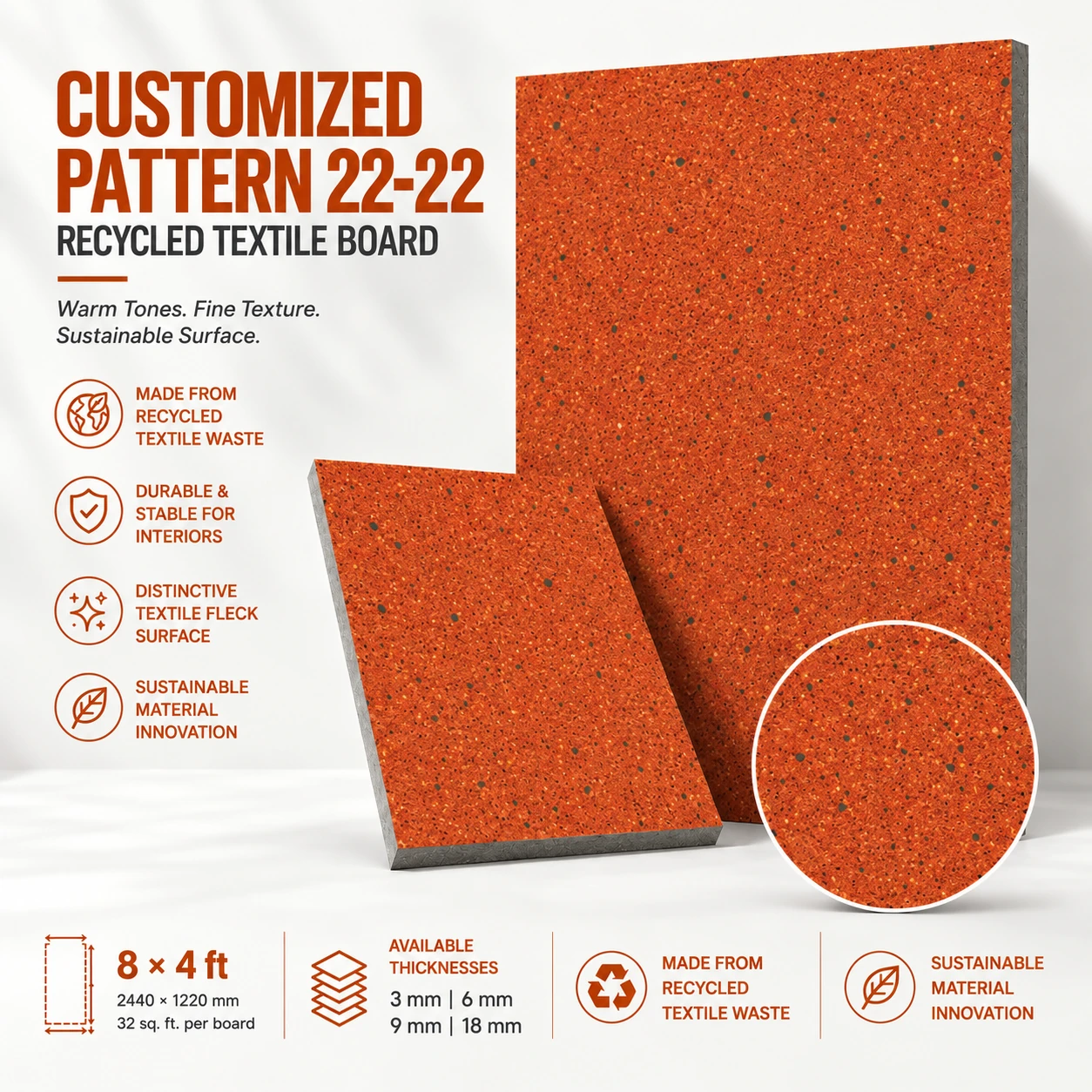 Customized Pattern 22-22 Recycled Textile Board - product overview, 8 x 4 ft board