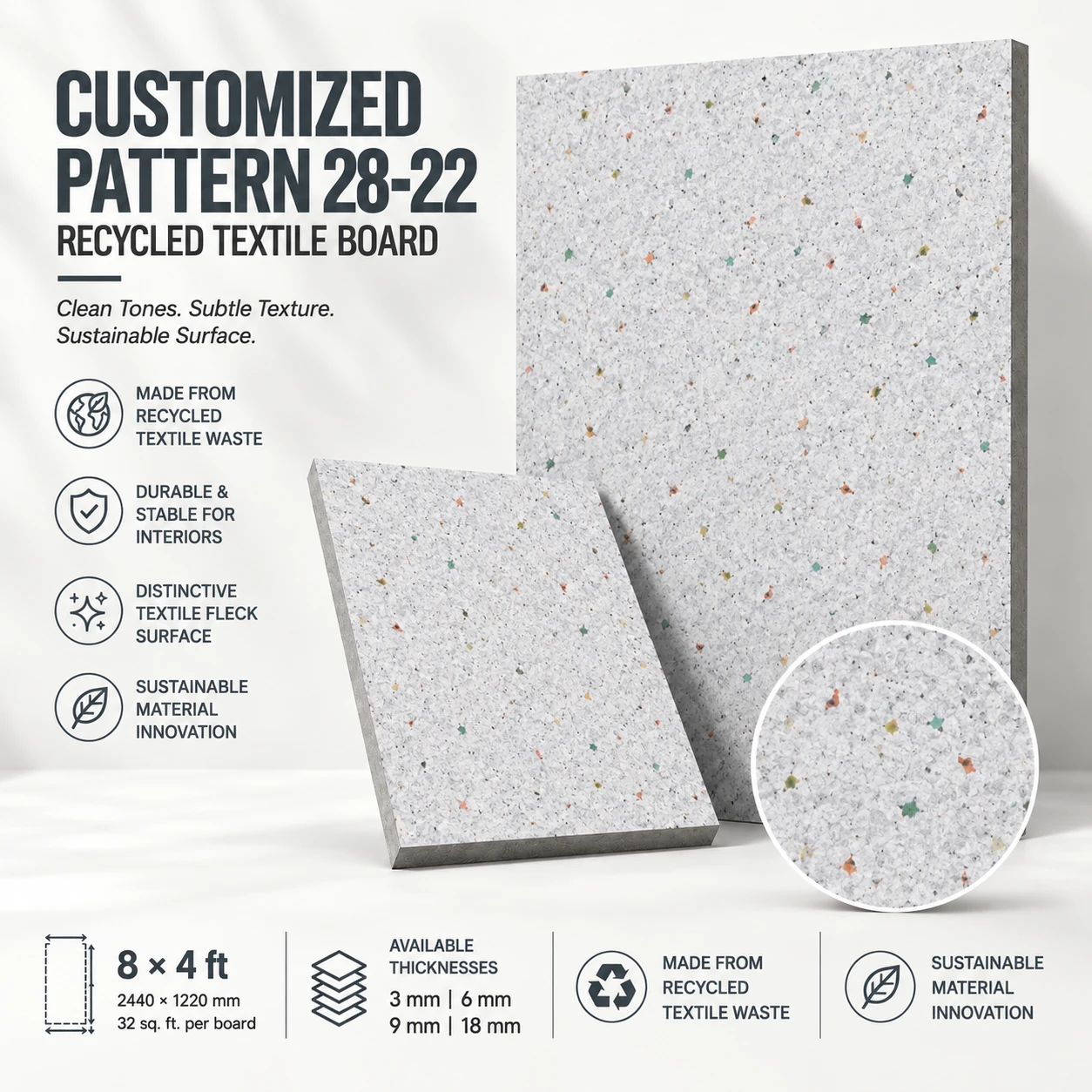 Customized Pattern 28-22 Recycled Textile Board - product overview, 8 x 4 ft board