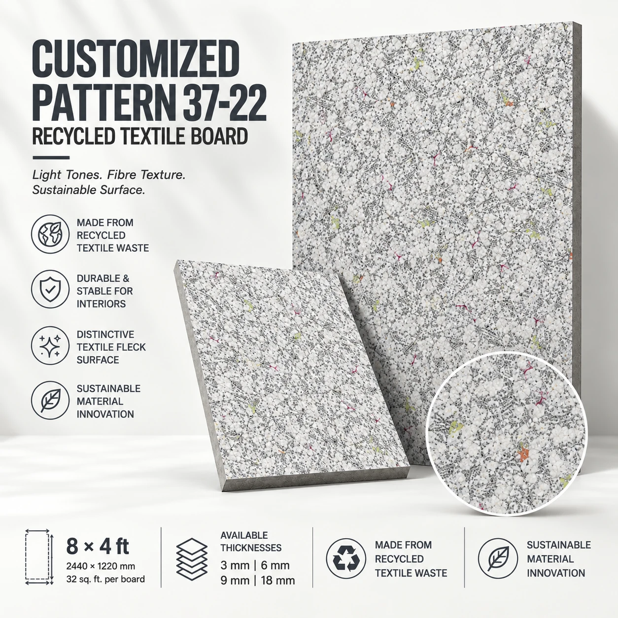 Customized Pattern 37-22 Recycled Textile Board - product overview, 8 x 4 ft board
